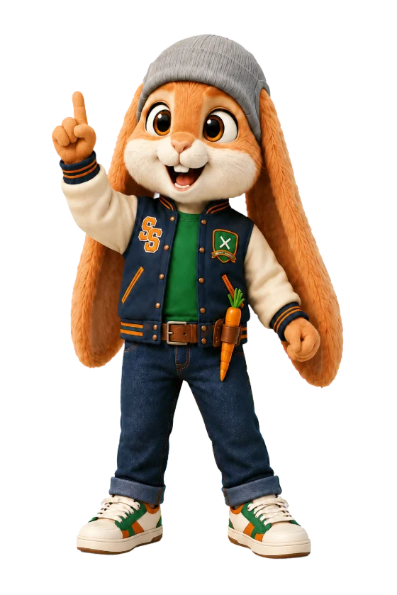 Bandit Bun, an energetic rabbit mascot, hands up mid-realisation.