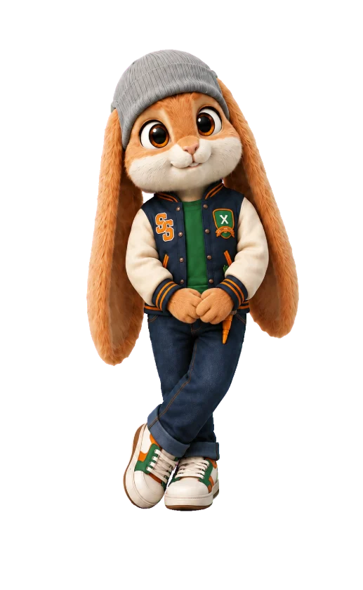 Bandit Bun, an energetic rabbit mascot in a navy varsity jacket and grey beanie, listening.