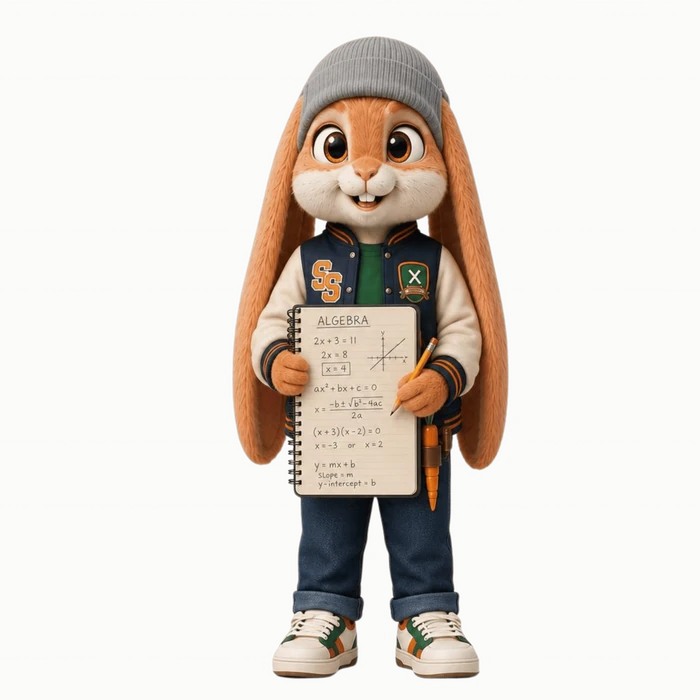 Bandit Bun holding an Algebra notebook with visible equations