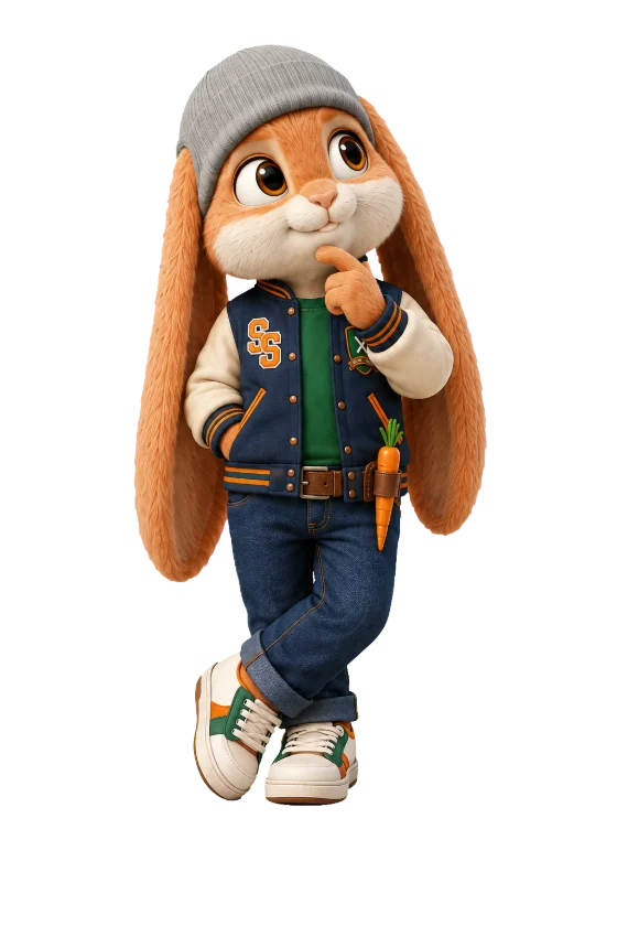 Bandit Bun, an energetic rabbit mascot in a navy varsity jacket, thinking.