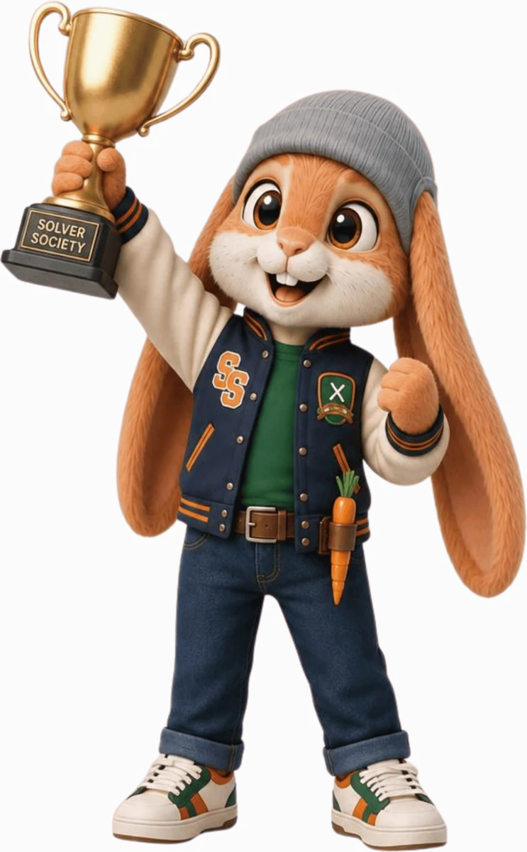 Bandit Bun holding the Solver Society trophy