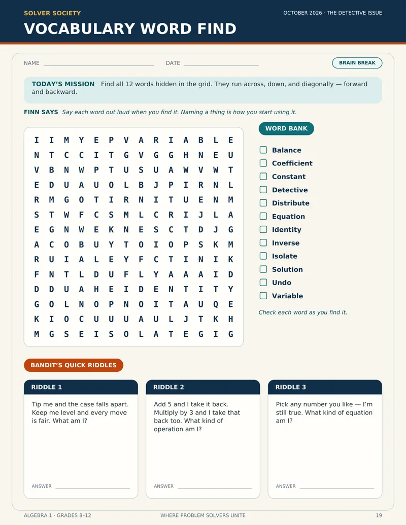 Vocabulary Word Find page from the October Monthly Mascot Pack