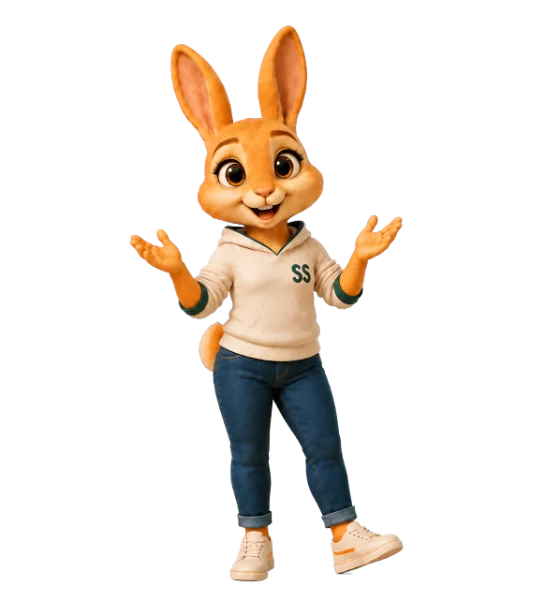 Sunny Bun, a calm rabbit mascot, mid-explanation with one hand raised.