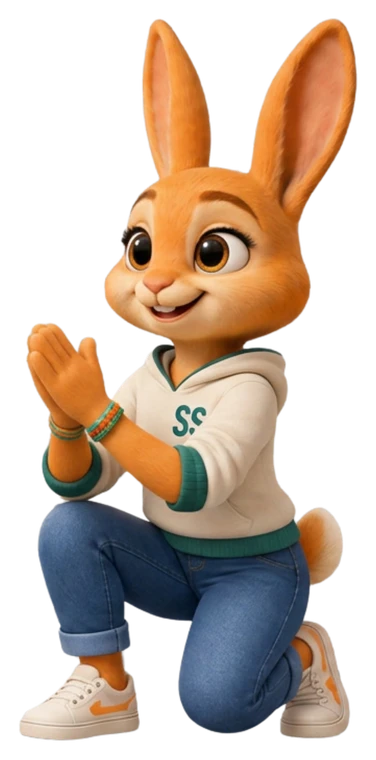 Sunny Bun kneeling and cheering in the Challenge Lab