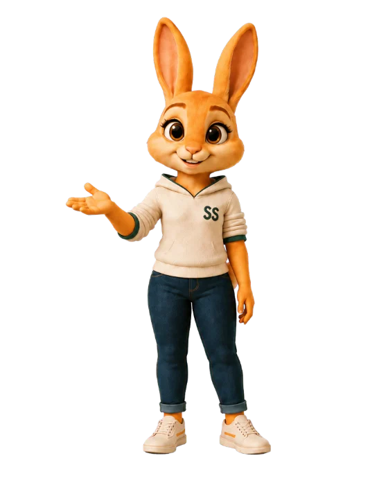 Sunny Bun, a calm rabbit mascot in a cream Solver Society hoodie, one hand open in welcome.